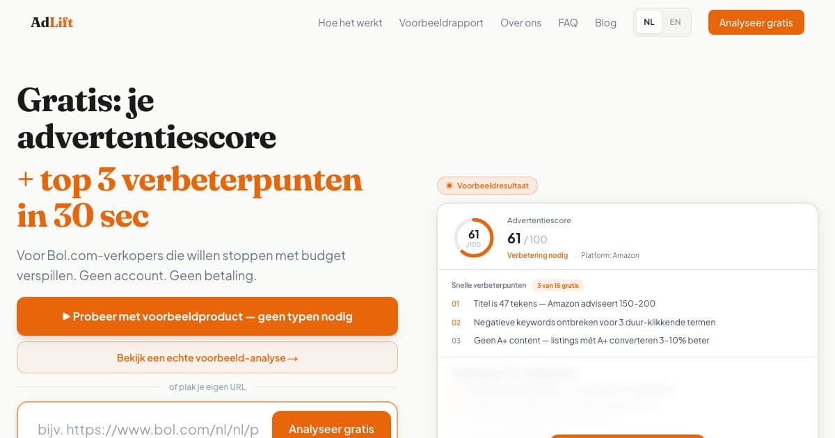 AdLift — Scores a Bol.com or Amazon product listing from its URL and lists the fixes that would make it sell better.