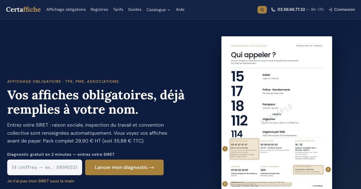 AffiCheck — Generates the mandatory workplace posters French employers must display, prefilled from the business's SIRET number.