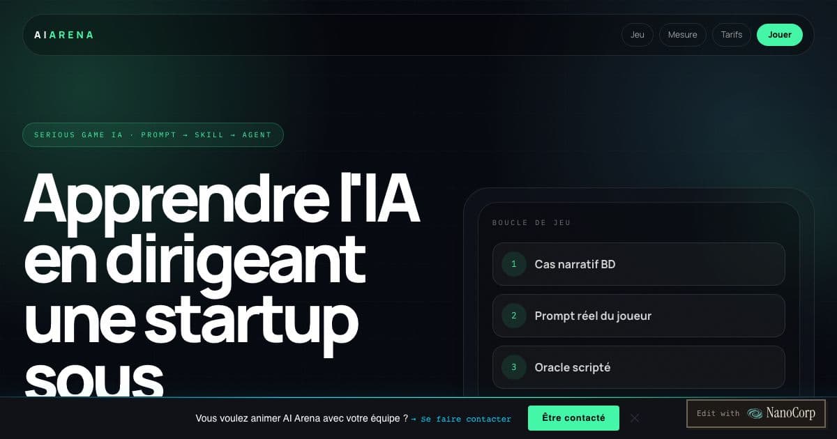 AI Arena — A browser serious game in French that teaches people to work with AI by running a fictional startup through prompting challenges.