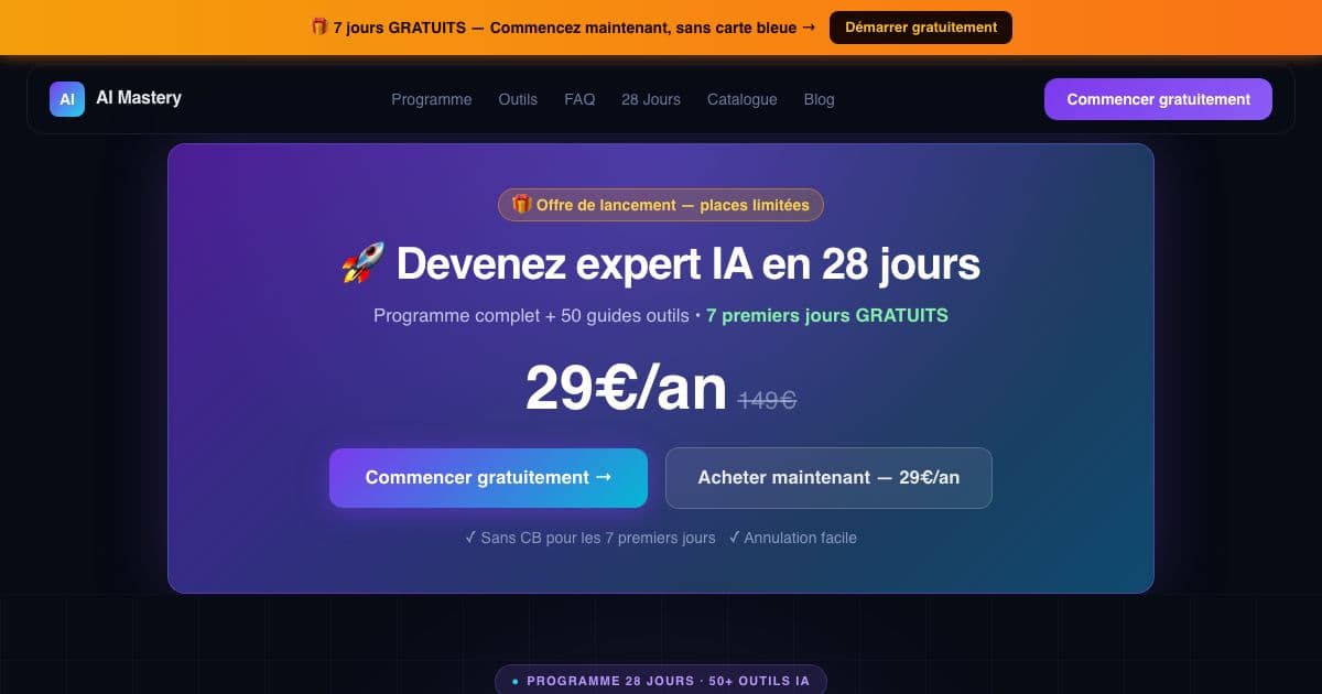AI Mastery — A daily French-language program that teaches beginners to use more than 50 AI tools over four weeks.