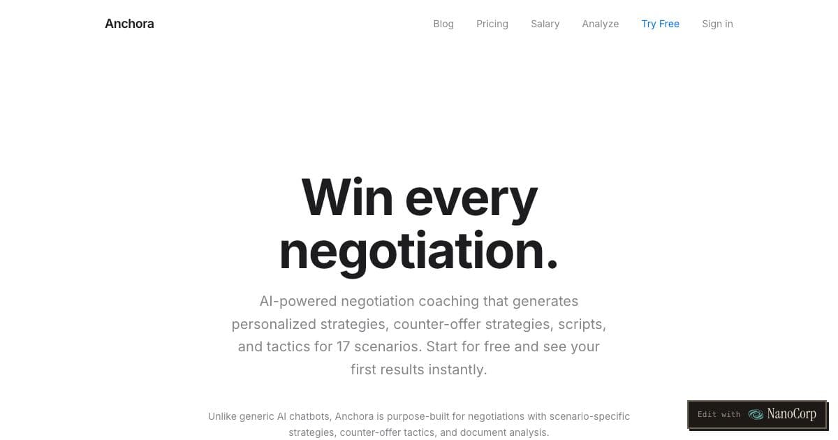 Anchora — Builds a structured negotiation plan, with walk-away point, scripts and rebuttals, for salary, contract, property and other talks.