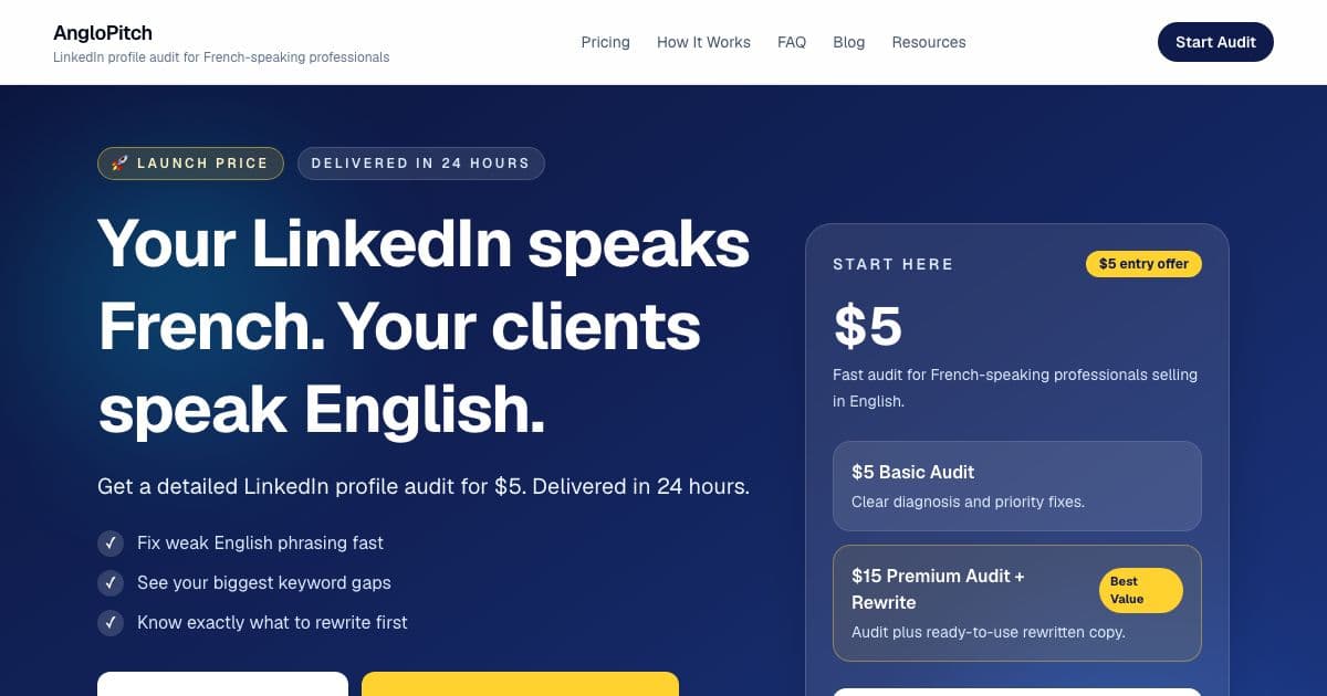 AngloPitch — Reviews the LinkedIn profiles of French-speaking founders, freelancers and consultants for English-speaking clients and recruiters.