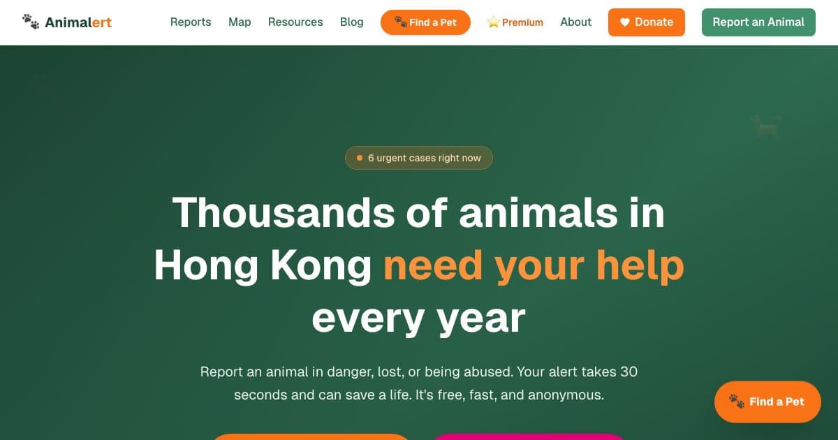 Animalert — Lets people in Hong Kong report animals in distress without an account and helps adopters find a rescue dog.