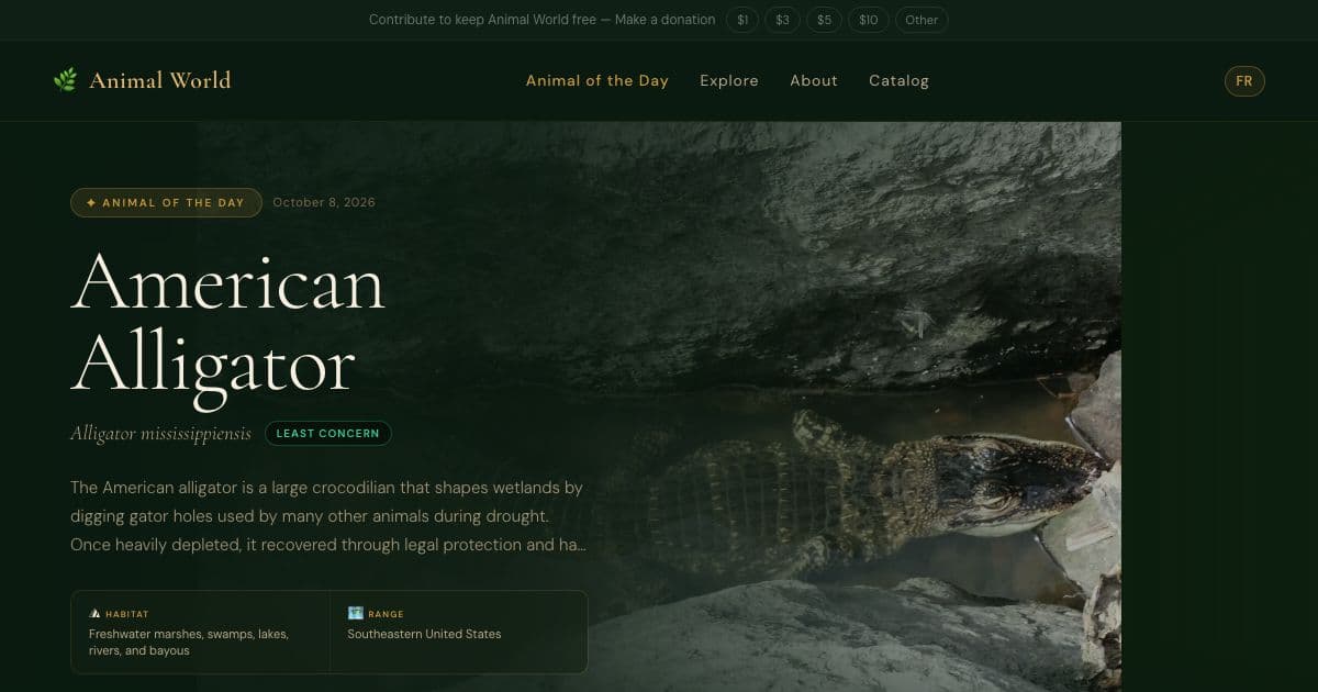 Animal World — A free online encyclopedia of living animal species with sourced facts and credited photographs, in English and French.