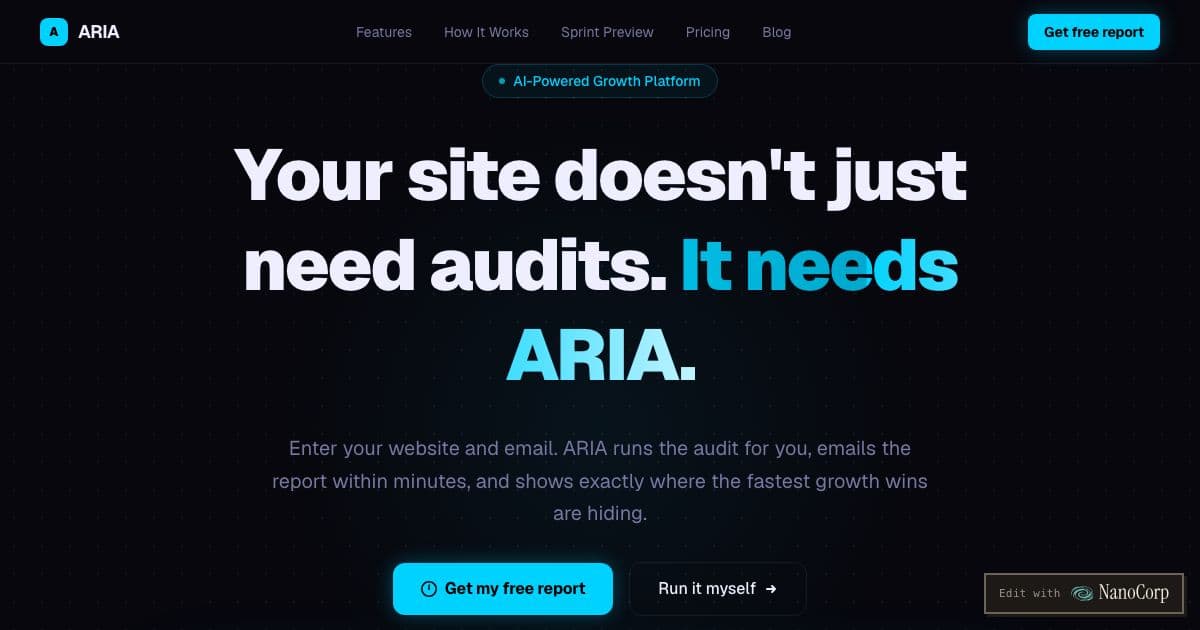 ARIA — Audits small business websites for speed and SEO, then proposes fixes, new content and A/B tests on a recurring cadence.