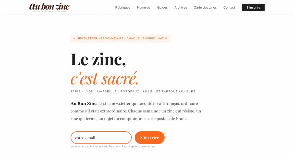 Au Bon Zinc — A weekly newsletter and city guides about real French counter cafés, for readers who care about the corner bistro.