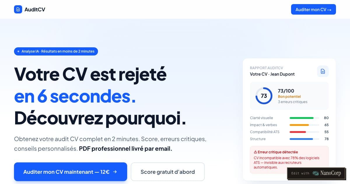 AuditCV — AuditCV analyzes a CV and returns a personalized PDF report for French speaking job seekers in France, Belgium, and Switzerland.