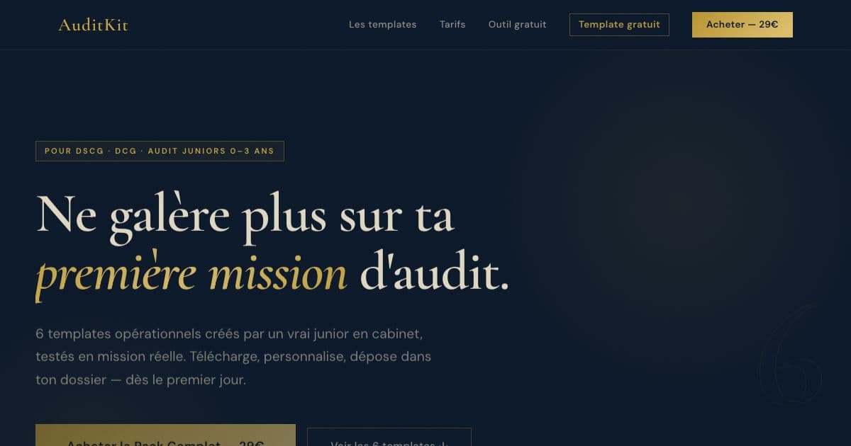 AuditKit — Ready-to-use audit working paper templates for French DCG and DSCG students and auditors in their first three years.