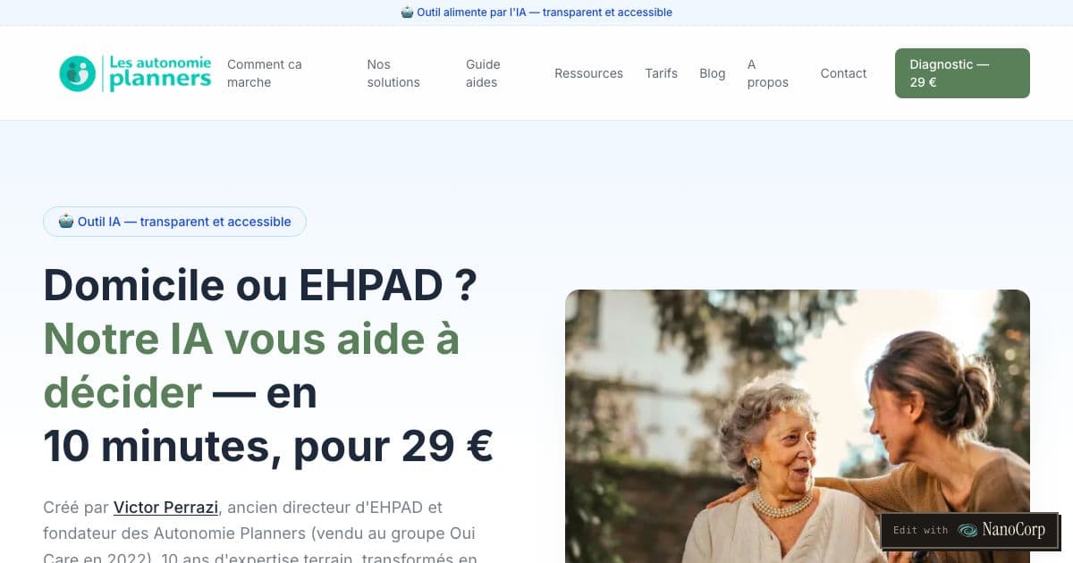 Autonomie Planner — Guidance for family caregivers deciding whether a relative losing autonomy should stay at home or move to an EHPAD or senior residence.