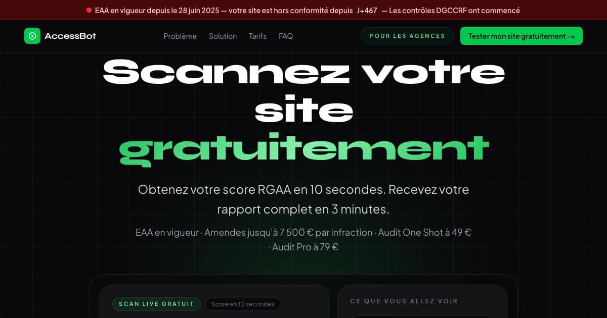 Axelo — Automated WCAG and RGAA accessibility audits for French websites, with a free instant score and a paid PDF report listing fixes.