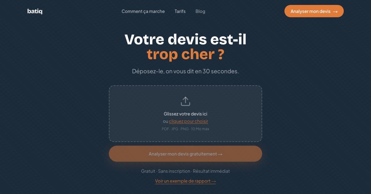Batiq — Analyses building and renovation quotes for homeowners in France and flags prices that look high against the market.