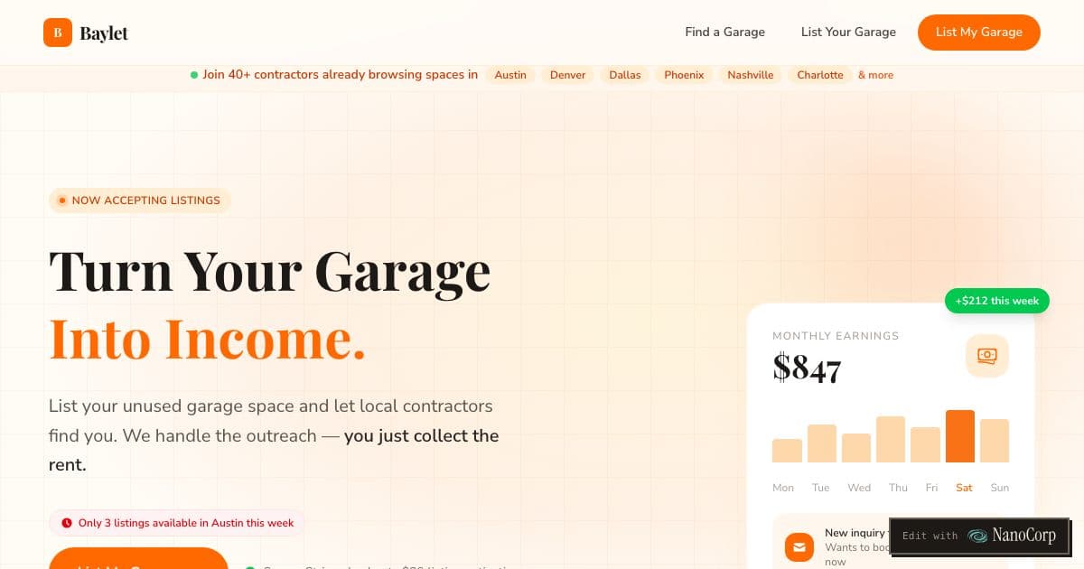 Baylet — Lists homeowners' unused garages for local tradespeople who need month-to-month storage or workspace.