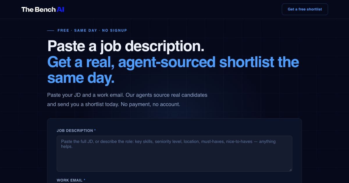 The Bench AI — Sources and ranks candidates from a job description for small recruiting agencies, then helps them book interviews and new clients.