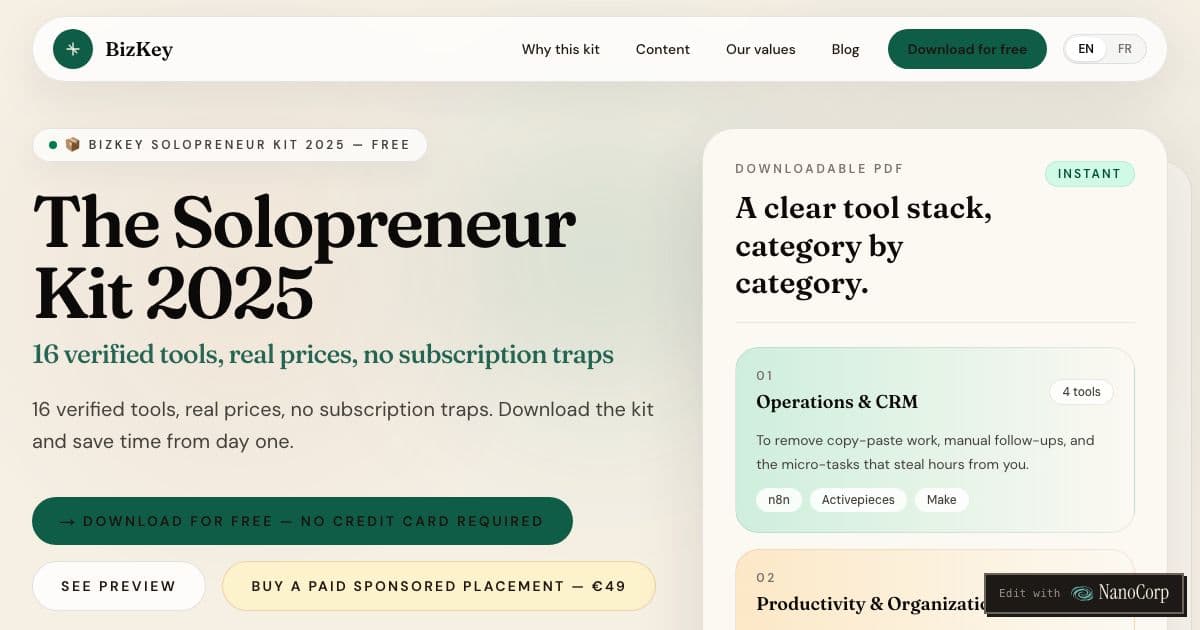 BizKey — A bilingual guide and free PDF kit that helps solopreneurs and small businesses pick a short list of software tools with real prices.