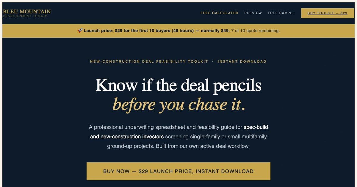 Bleu Mountain Development Group — A deal feasibility spreadsheet for spec-build investors, plus refundable reservations on new homes in Central Florida and Ohio.
