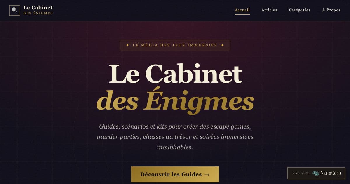 Le Cabinet des Énigmes — Publishes French guides on hosting escape games, murder parties and treasure hunts at home, and on choosing boxed puzzle games.