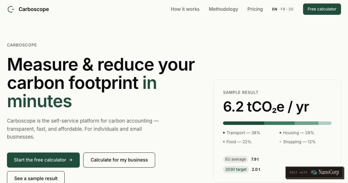 Carboscope — A self-service carbon footprint calculator for individuals and small businesses who want a first measure without hiring a consultant.