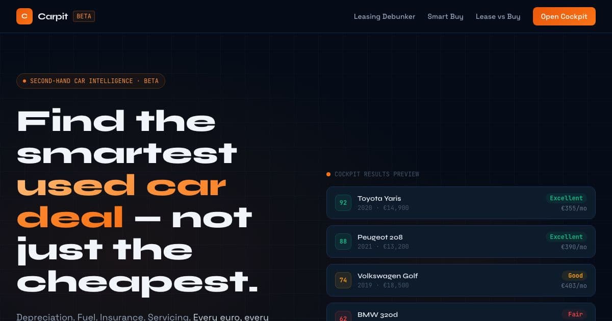Carpit — Scores used cars by total cost of ownership and compares leasing against buying for private car buyers.