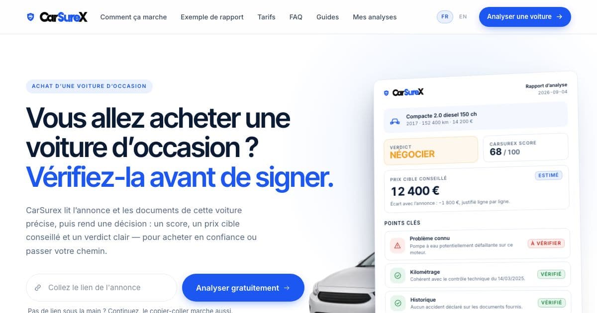 CarSurex — Analyzes a used car listing for buyers in France and returns a score, a target price and a buy, negotiate or avoid verdict.