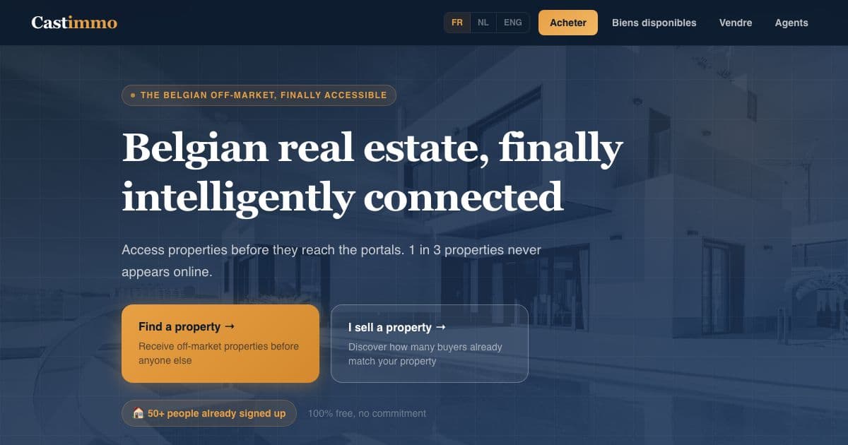 Castimmo — Matches Belgian home buyers' search profiles with sellers and agents before a property is advertised on listing portals.
