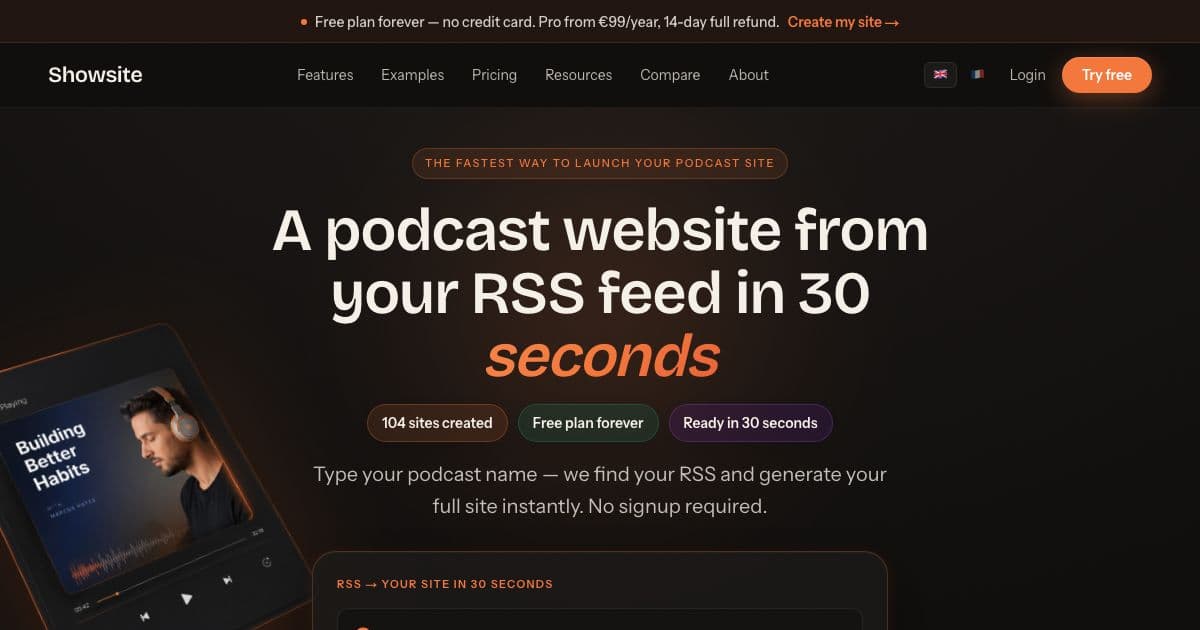 Showsite — Generates a podcast website from a show's RSS feed and updates it with each new episode, for podcasters in English and French.