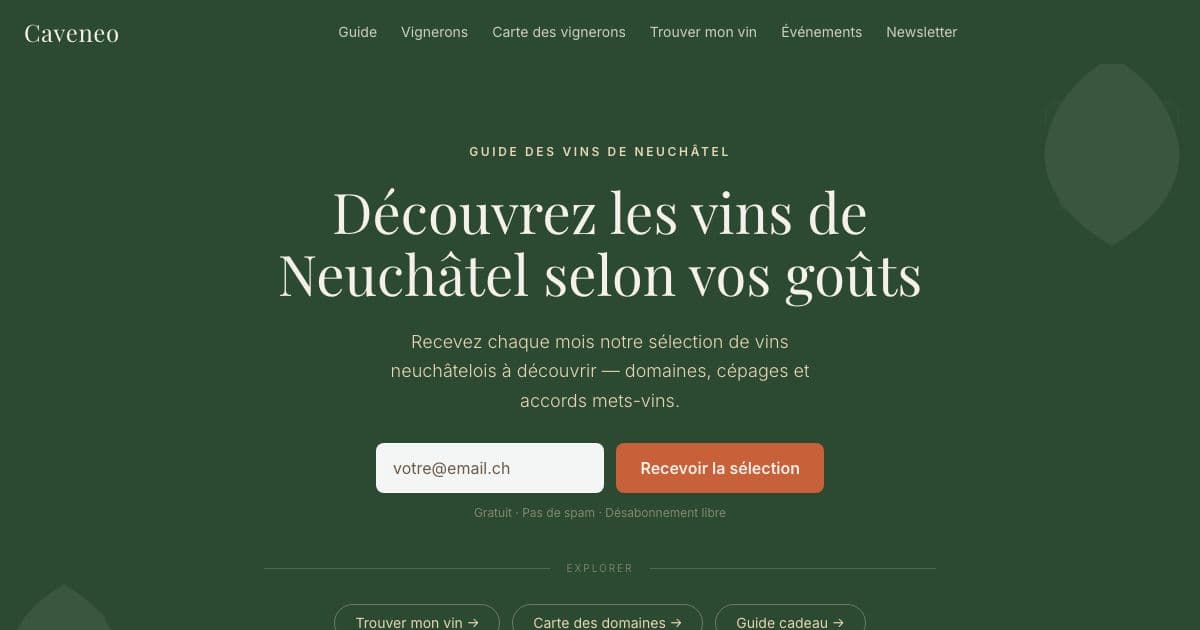 Caveneo — A local guide to Neuchâtel wines and estates, with grape profiles, food pairings, a taste quiz and the canton's wine event calendar.