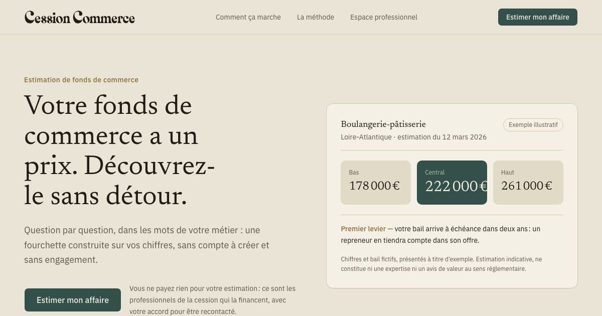 Cession Commerce — Gives French shop owners a free valuation range for their business and connects consenting sellers with acquisition pros.