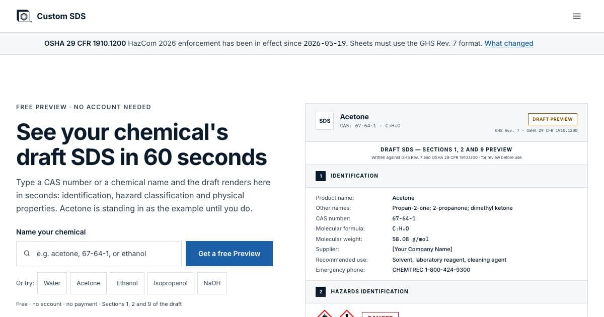 ChemFlow — Drafts safety data sheets and matching GHS labels for small chemical manufacturers, built from public chemical records.