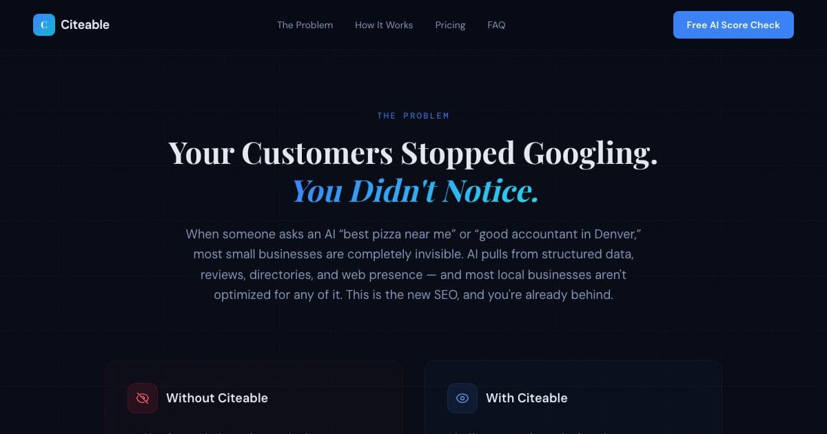 Citeable — Measures and improves how often AI assistants recommend a local business such as a restaurant, bar, shop or practice.