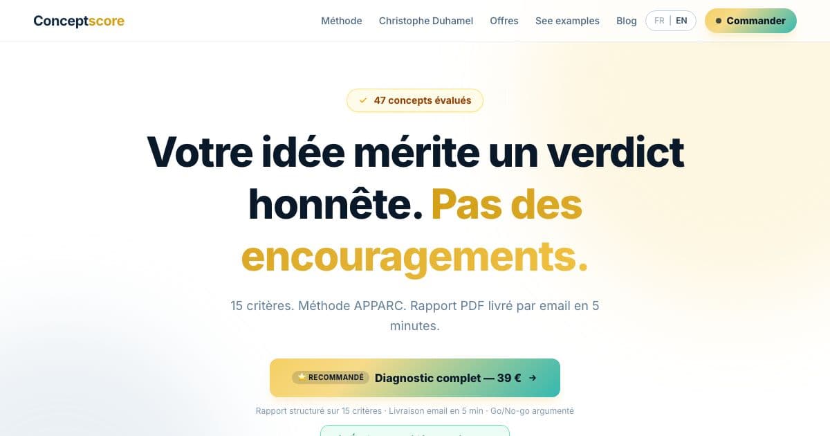 Clarvue — Scores a business idea against a fixed 15-criteria method and returns a PDF report with a reasoned go or no-go verdict.