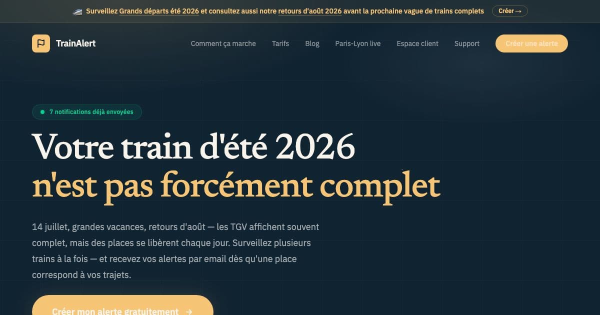 Application Co — Watches full SNCF trains and emails travelers in France when a seat that fits their route, date, time and class frees up.