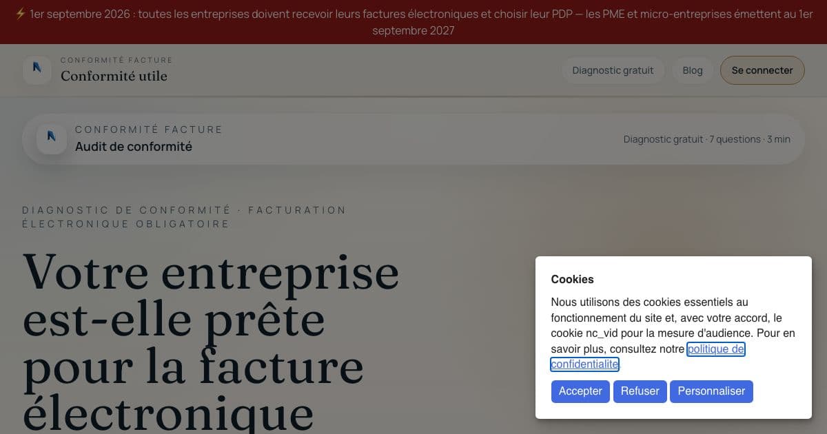 Je Co — Checks whether a French business is ready for mandatory electronic invoicing and turns the gaps into a prioritized action plan.