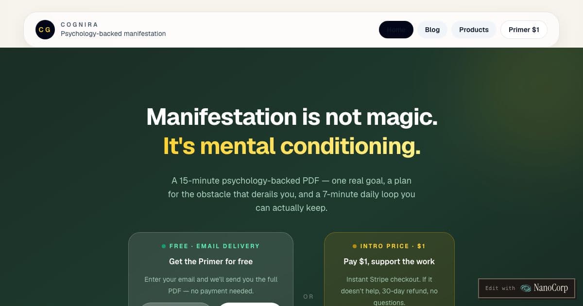 Cognira — Digital guides that reframe manifestation as trainable mental skills drawn from psychology research, for skeptical self-improvers.