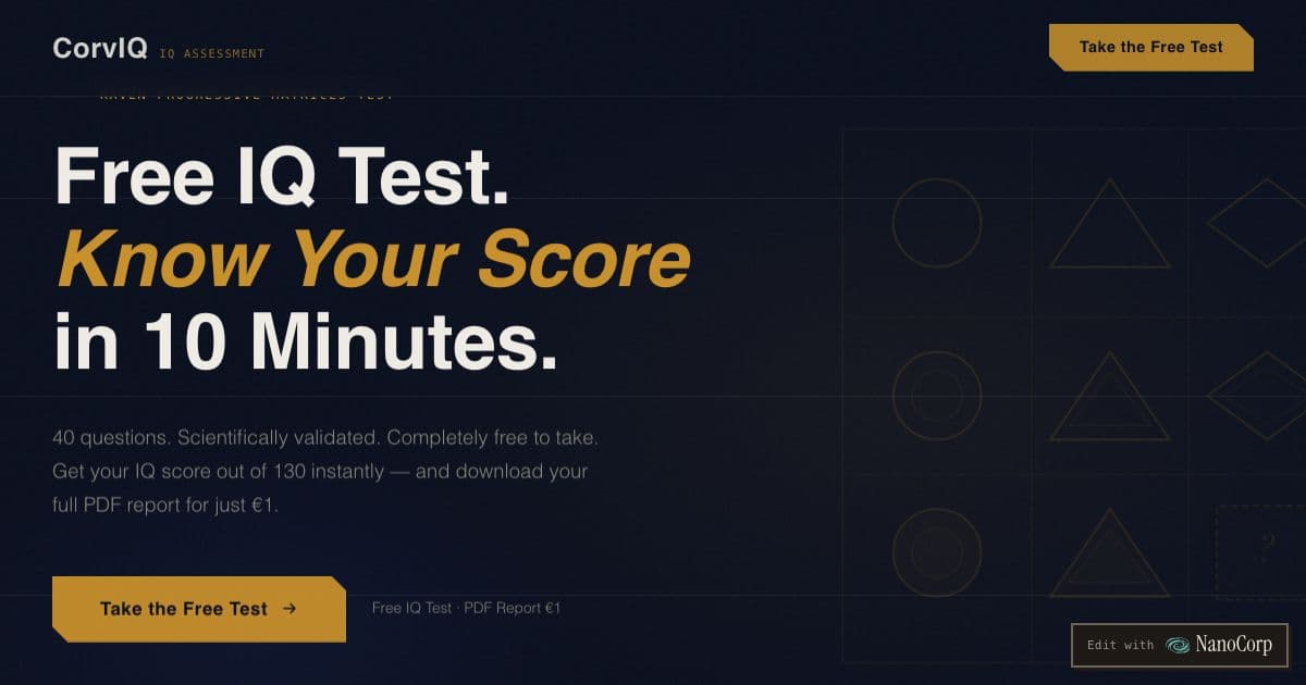 CorvIQ — A free online IQ test of 40 visual matrix puzzles that scores pattern reasoning on a scale out of 130.