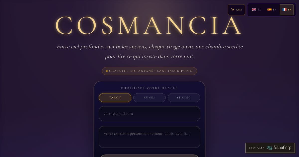 Cosmancia — An online divination site where AI writes the interpretation of tarot, rune and I Ching draws, with a free first reading.