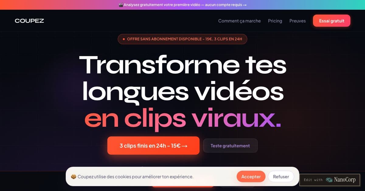 Coupez — Cuts long podcasts, interviews and streams into short subtitled vertical clips for French-speaking creators and brands.