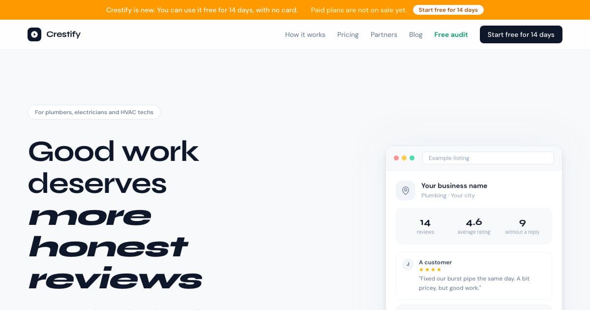 Crestify — Writes a reply draft for every public Google Maps review of a home service contractor, from a pasted listing link.