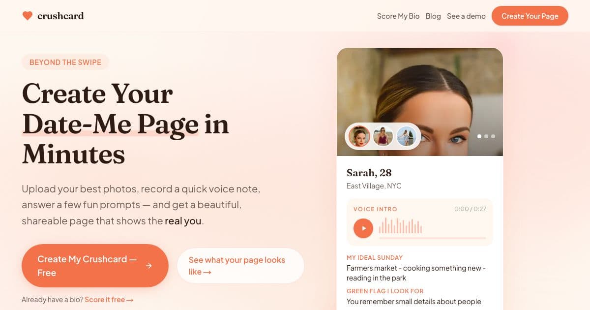 Crushcard — Builds a shareable date-me page from a single person's photos, a voice recording and short prompt answers.