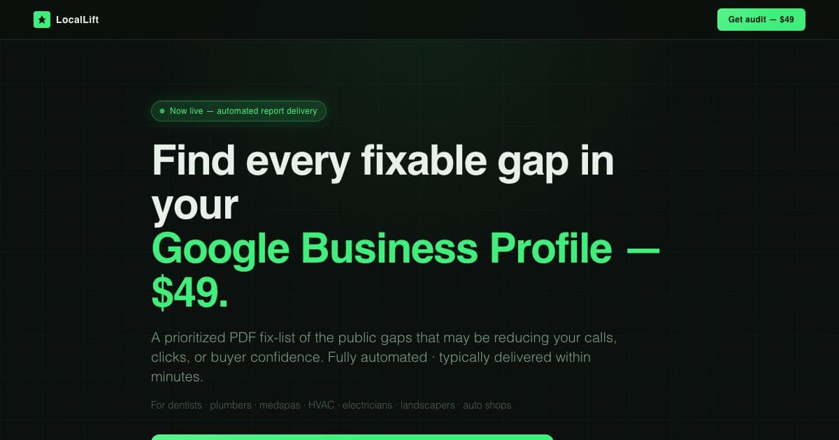 Cup Veil — An automated PDF audit that lists the public gaps in a local service business's Google Business Profile, ranked by likely impact.