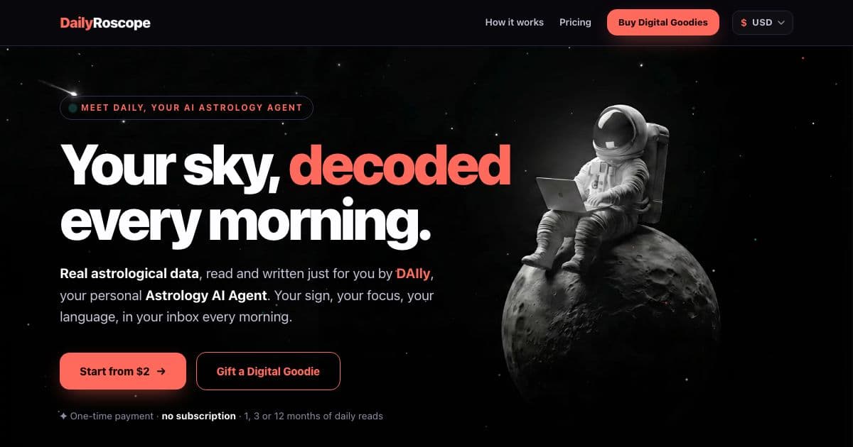 DailyRoscope — Writes a personal daily horoscope from real planetary transits and emails it each morning in a chosen focus, tone and language.