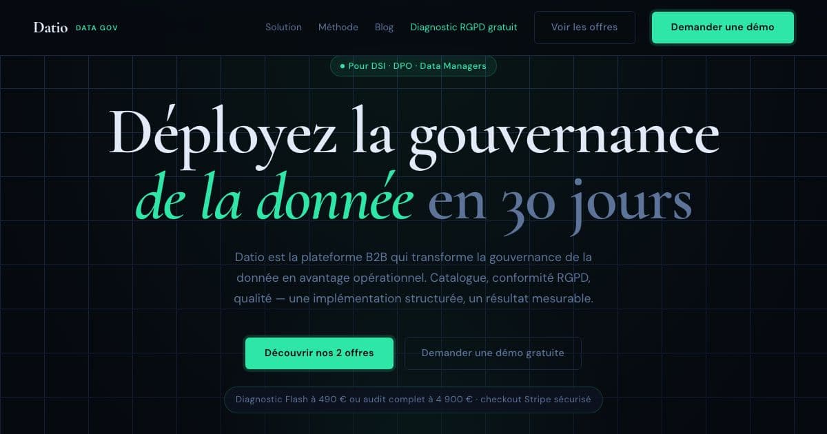 Datio — Data governance audits for French companies: GDPR compliance, data quality and a prioritized action plan for IT and data protection teams.