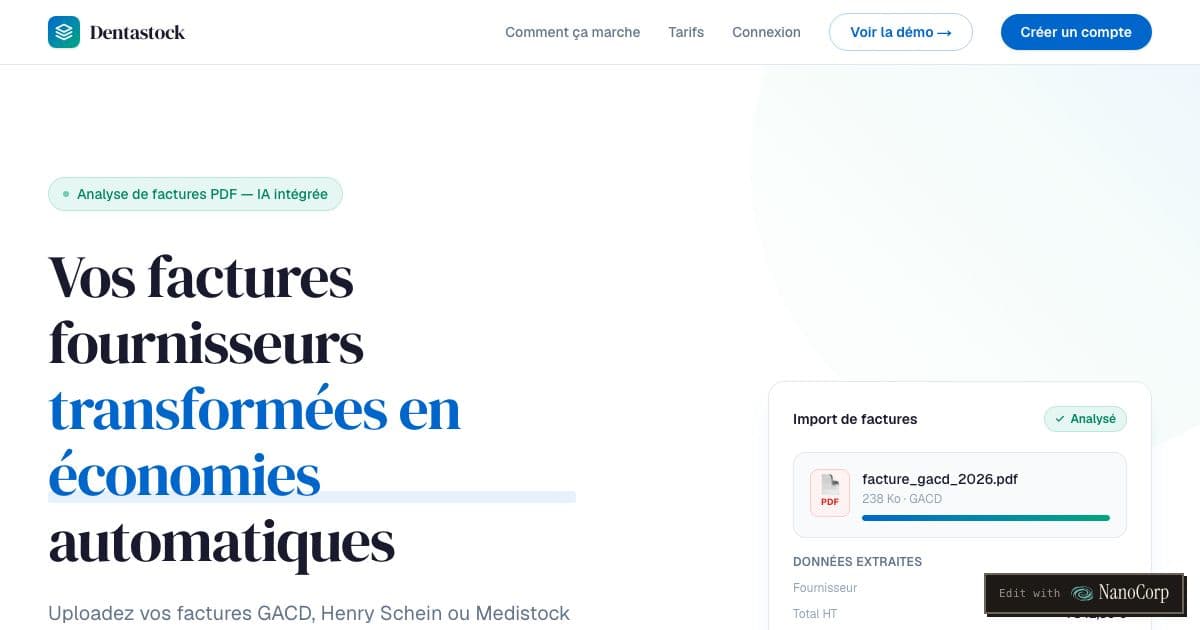 Dentastock — Reads supplier invoices for French dental practices to track negotiated prices and recommend when and where to reorder consumables.