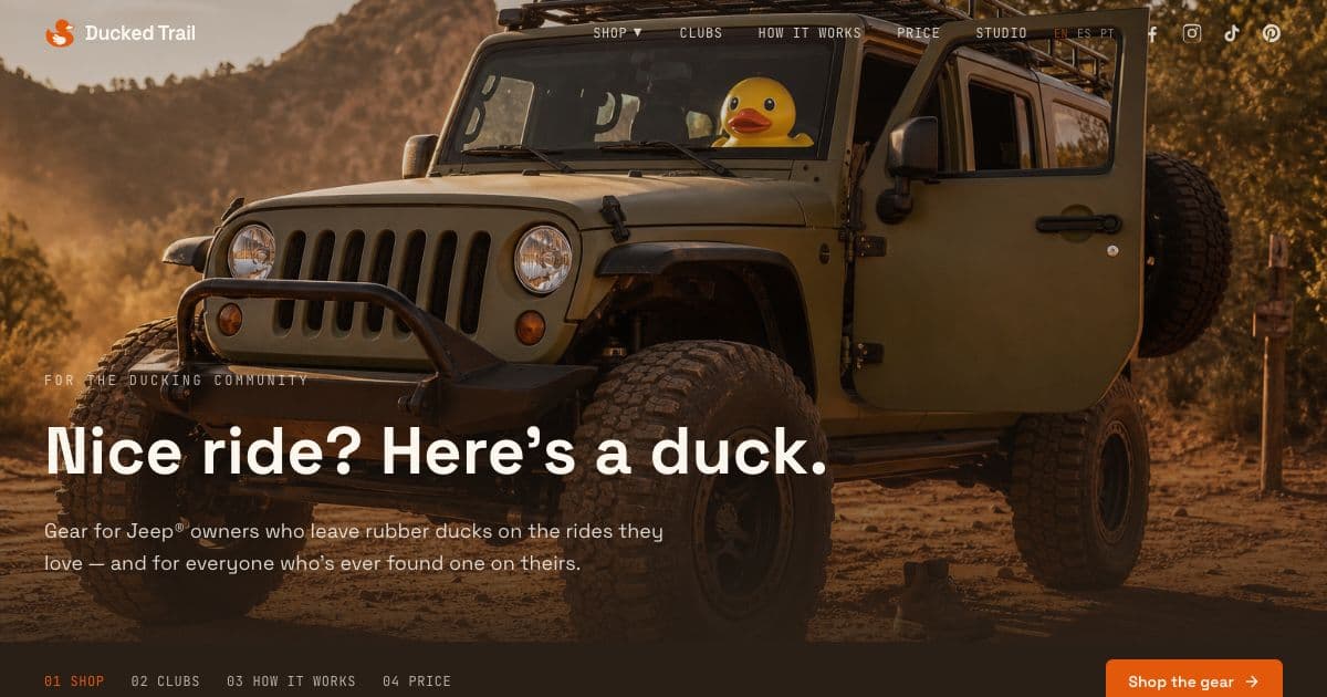 Ducked Co. — Off-road tees for Jeep owners who leave rubber ducks on other rigs, with free badge-printed store pages for 4x4 clubs.