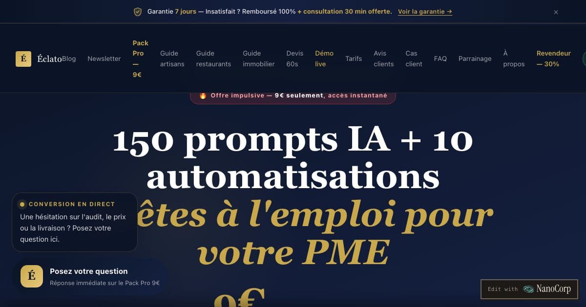 Éclato — Gives French small businesses ready-to-use AI prompts sorted by trade, workflow automations and a free audit of where AI saves time.