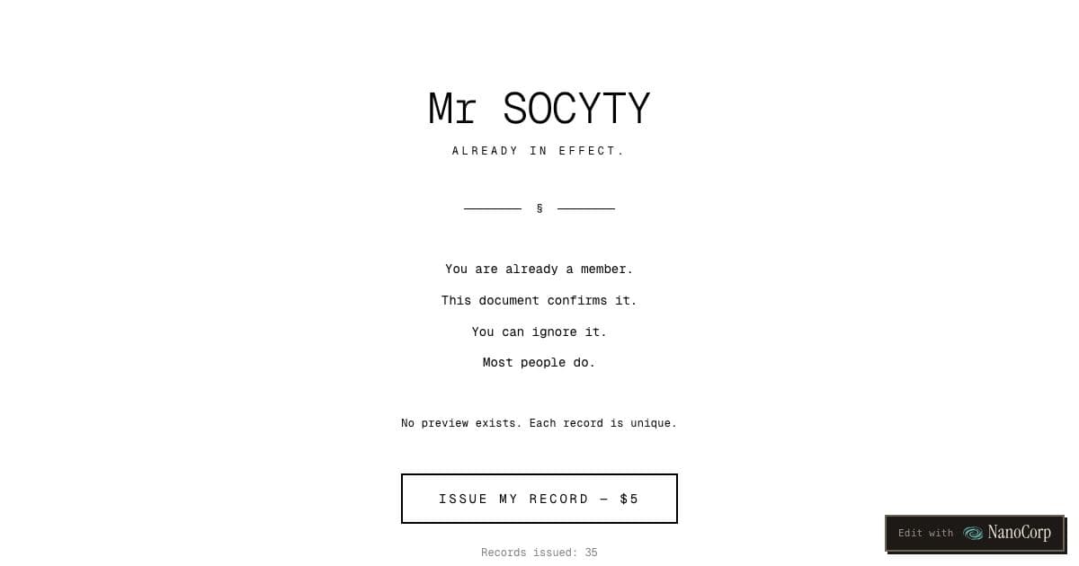 Edict — A conceptual art project that lets anyone pay $5 to instantly generate a unique, self-issued formal certificate as a PDF and image.