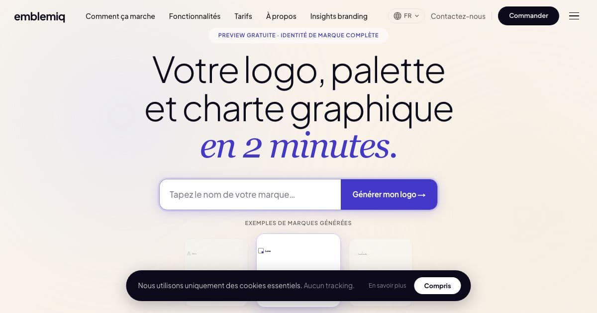 Emblemiq — Generates a complete brand identity for newly registered businesses, with a free preview of the logo, palette and fonts before paying.