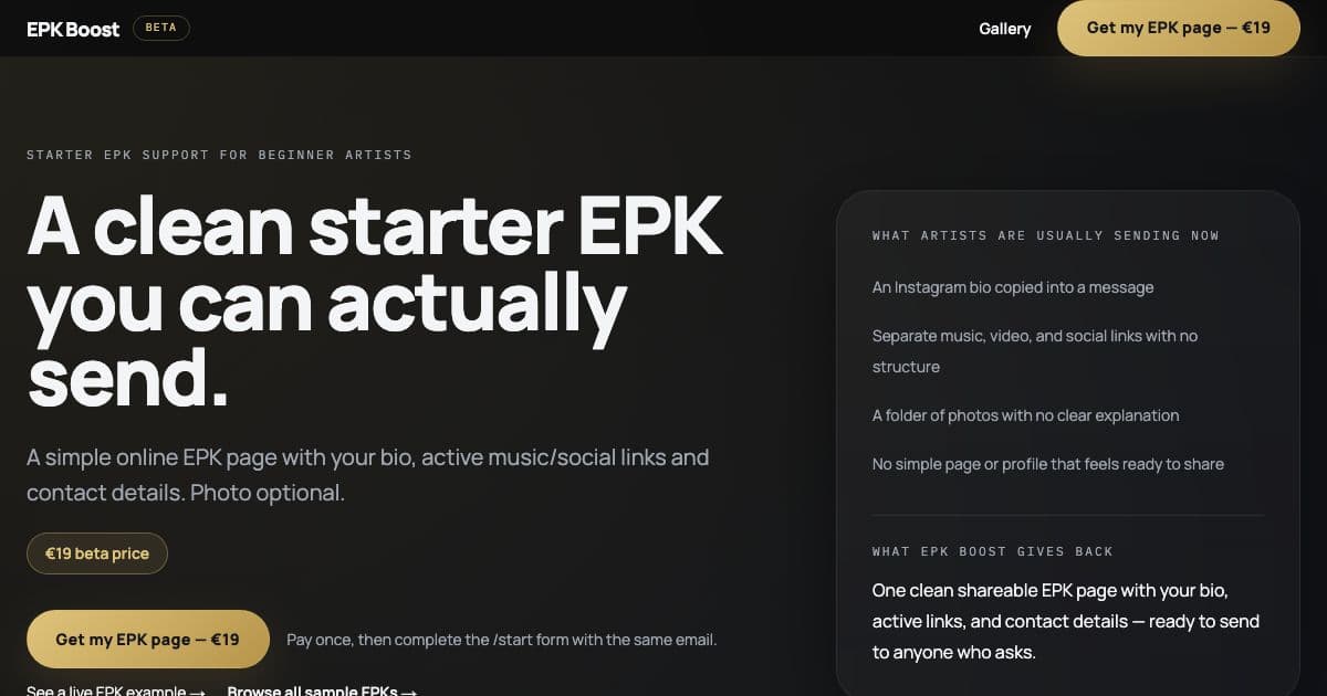 EPK Boost — Builds a simple online press kit page from a musician's bio, links and photos, for artists who do not have one yet.