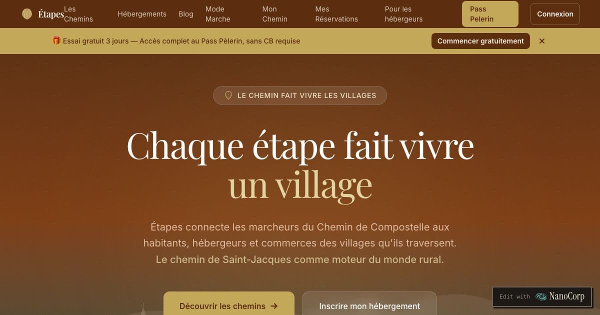 Étapes — A booking platform connecting pilgrims with gîtes, dormitories, and guesthouses along France's pilgrimage routes to Compostela.