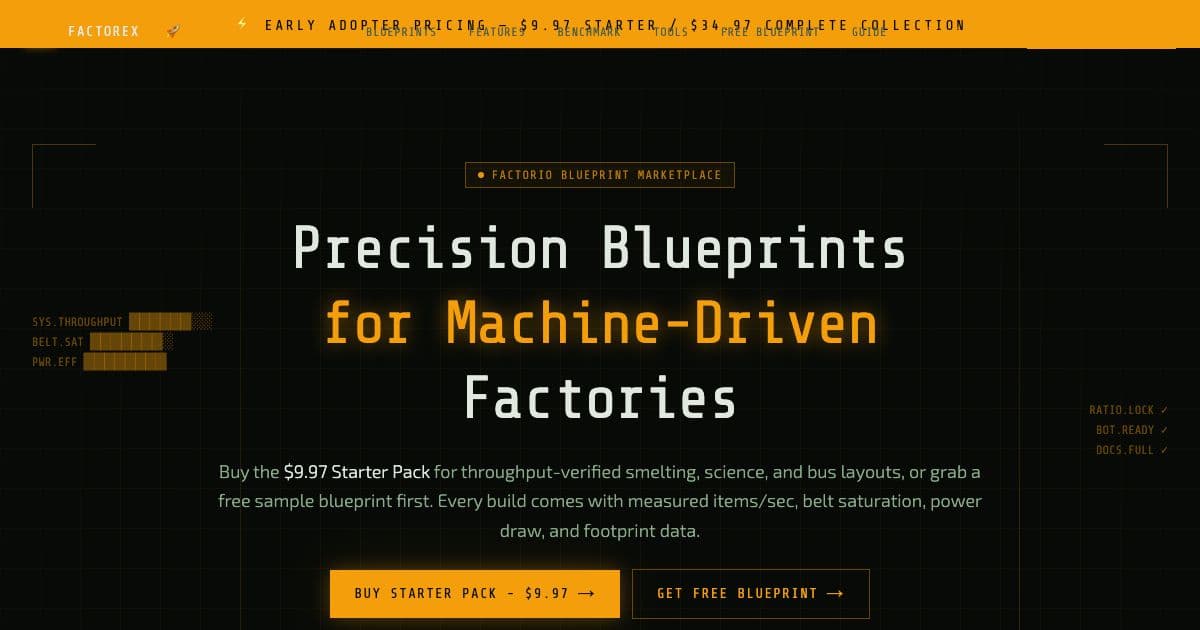 Factorex — Sells Factorio blueprint packs with measured throughput, power and footprint data, built for players and automated bots.