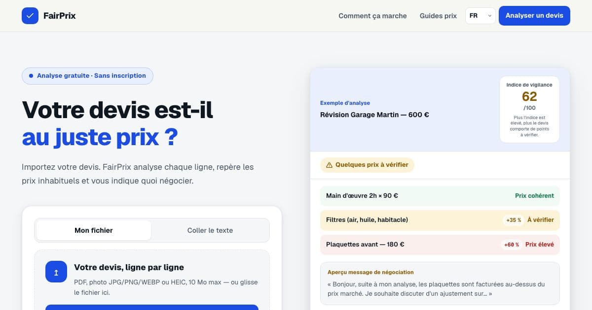 FairPrix — Checks each line of a consumer quote against market prices and suggests what to negotiate, for households in France and beyond.